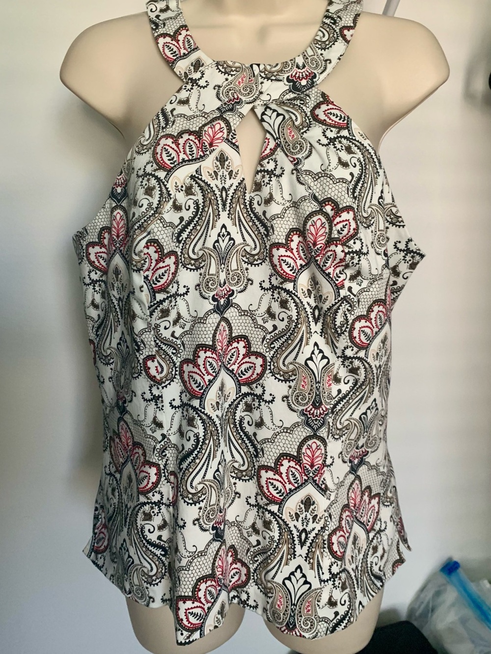 White House Black Market Cream Paisley Halter Blouse with Black & Red Details